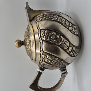 Elegant Silver  copper Teapot with Floral Design